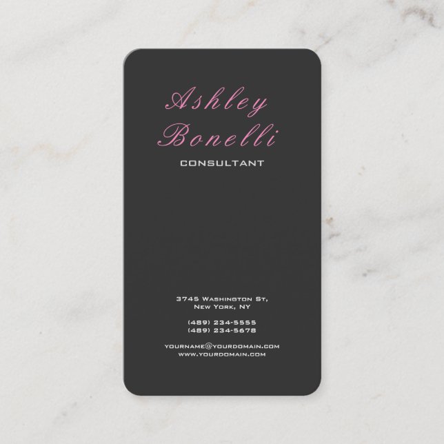 Vertical Grey Pink Classical Feminine Stylish Business Card (Front)