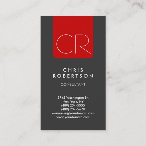 Vertical Grey Red Stripe Monogram Business Card