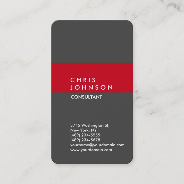 Vertical Grey Red Stripe Stylish Trendy Business Card (Front)