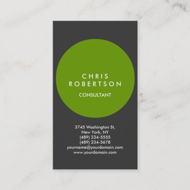 Vertical Grey White Green Round Business Card (Front)