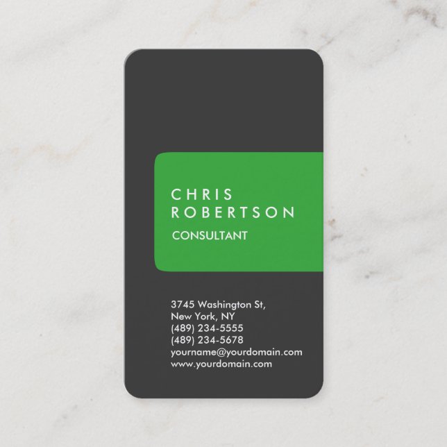 Vertical Grey White Green Stripe Business Card (Front)
