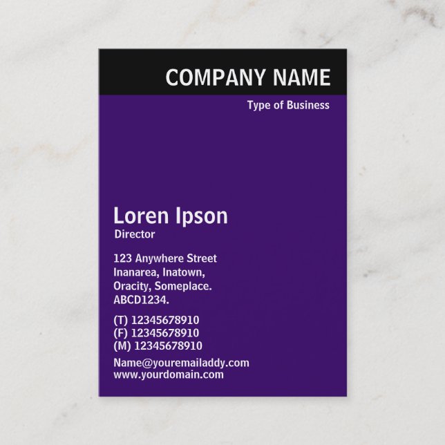 Vertical Header - Black with Deep Purple 330066 Business Card (Front)