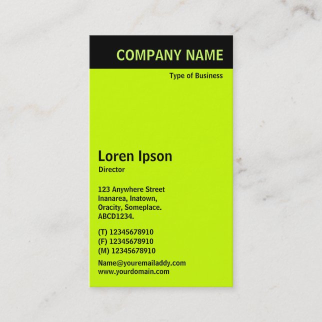 Vertical Header - Black with Green CCFF00 Business Card (Front)
