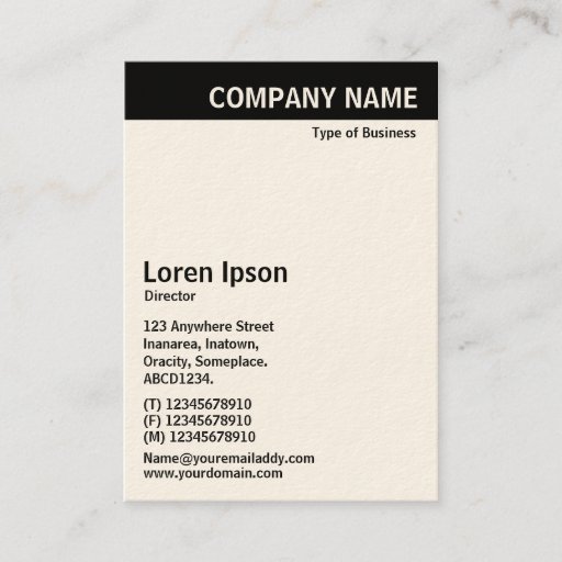 Customizable Vertical Header - Black with White (Cream Card) Business Card Templates