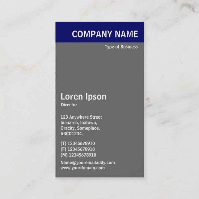 Vertical Header - Blue with Gray and White Business Card (Front)