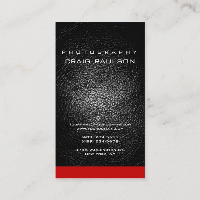 Vertical Leather Red Photography Business Card (Front)