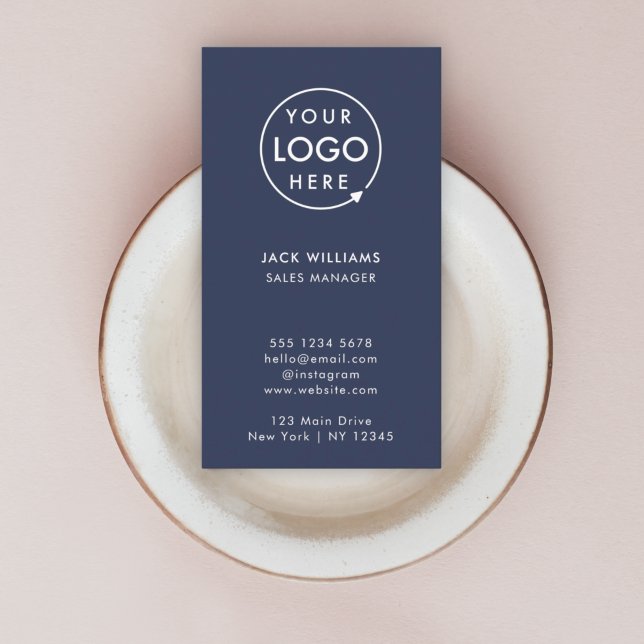 Vertical Logo Business Cards | Branded Navy Blue (Create a sleek professional branded look with this vertical navy blue business card design.)