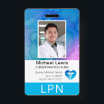 Vertical LPN, Licensed Practical Nurse, Photo ID Badge<br><div class="desc">Licensed practical Nurse (or other, as you can change initials and description by using text boxes provided) vertical medical photo ID badge. Design with aqua, blue and purple watercolor wash. LPN initials in white text over bottom aqua section. Area for Photo ID with ability to add either portrait or landscape...</div>