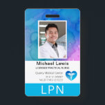Vertical LPN, Licensed Practical Nurse, Photo ID Badge<br><div class="desc">Licensed practical Nurse (or other, as you can change initials and description by using text boxes provided) vertical medical photo ID badge. Design with aqua, blue and purple watercolor wash. LPN initials in white text over bottom aqua section. Area for Photo ID with ability to add either portrait or landscape...</div>