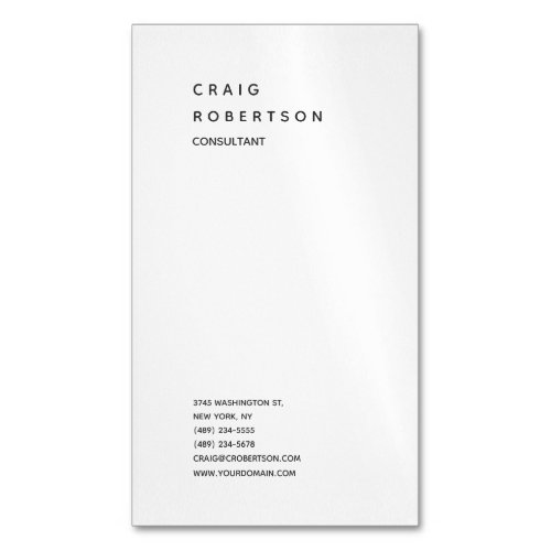 Vertical Minimalist Plain Modern White Trendy Business Card Magnet