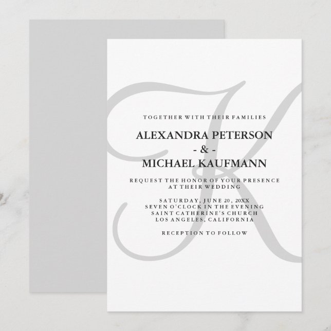 Vertical Modern Classic Monogram in Gray Wedding Invitation (Front/Back)