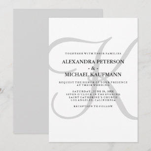 Vertical Modern Classic Monogram in Gray Wedding Invitation