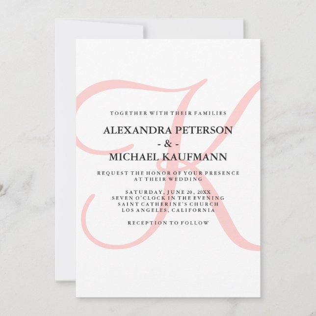 Vertical Modern Classic Monogram in Pink Wedding Invitation (Front)