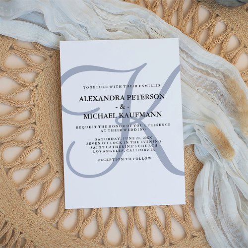 Vertical Modern Monogram  Blue Wedding Invitation
