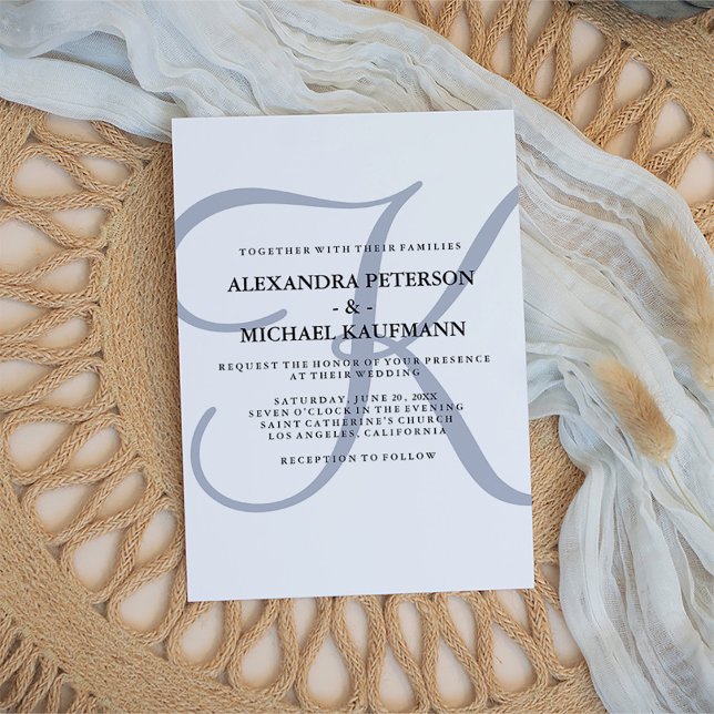 Vertical Modern Monogram | Blue Wedding Invitation (A blue, modern monogram decorates this classic wedding invitation)