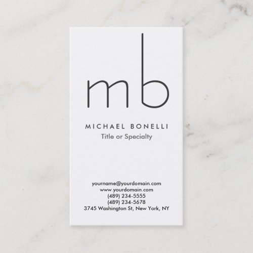 Vertical Modern Monogram White Clean Business Card