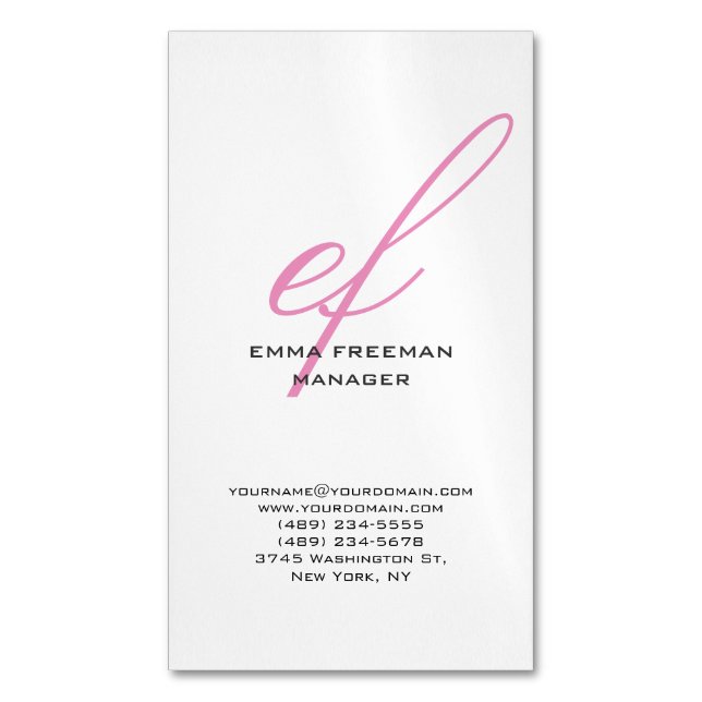 Vertical modern pink grey white huge monogram business card magnet (Front Vertical)