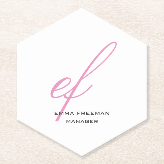 Vertical modern pink grey white huge monogram paper coaster (Front)