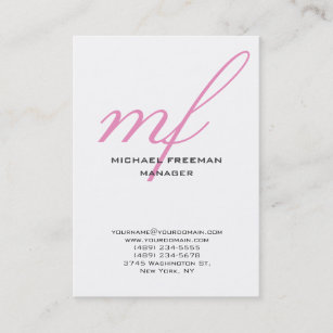 Vertical modern pink white handwriting monogram business card