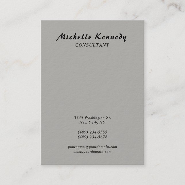 Vertical Modern Simple Plain Grey Script Business Card (Front)