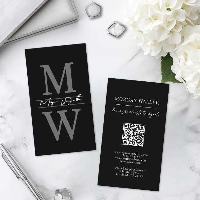 Vertical Monogram Black Professional Business Card (Vertical Monogram Black Professional Business Card)