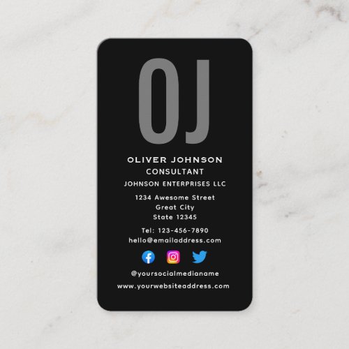 Vertical Monogram Initials Name Black White Grey Business Card