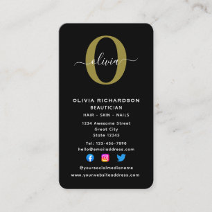 Vertical Monogram Script Name Black White Gold Business Card