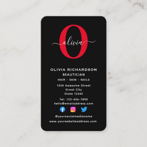 Vertical Monogram Script Name Black White Red Business Card