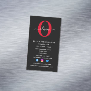 Vertical Monogram Script Name Black White Red Business Card Magnet