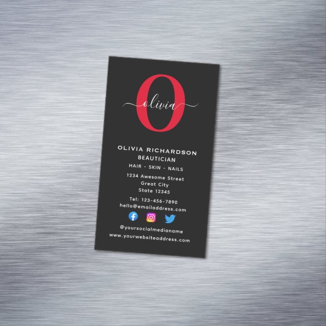 Vertical Monogram Script Name Black White Red Business Card Magnet (In Situ)