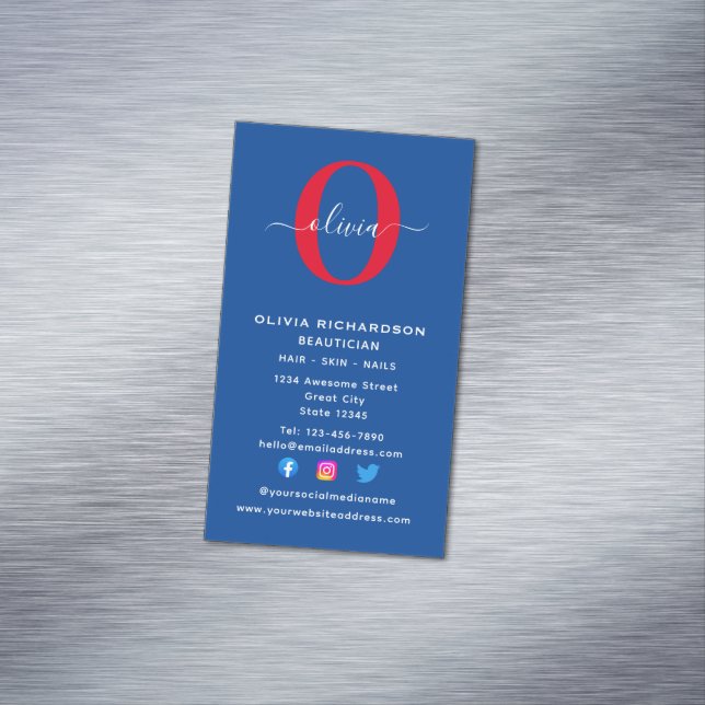 Vertical Monogram Script Name Blue White Red Business Card Magnet (In Situ)