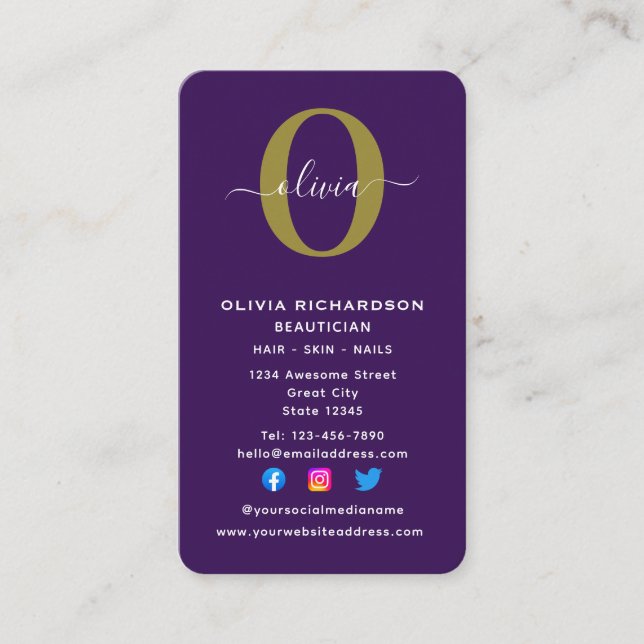 Vertical Monogram Script Name Purple White Gold Business Card (Front)
