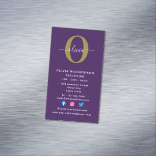 Vertical Monogram Script Name Purple White Gold Business Card Magnet