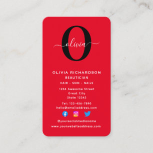 Vertical Monogram Script Name Red Black White Business Card