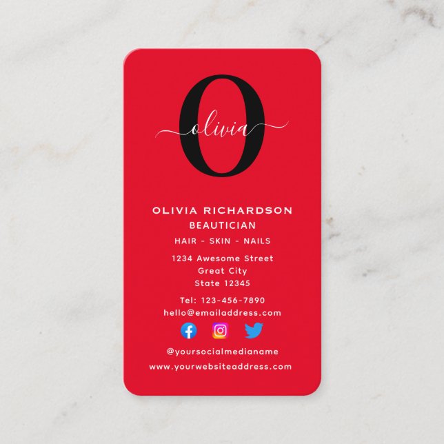 Vertical Monogram Script Name Red Black White Business Card (Front)
