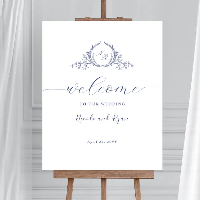 Vertical Navy Blue Monogram Wedding Welcome Sign | Zazzle