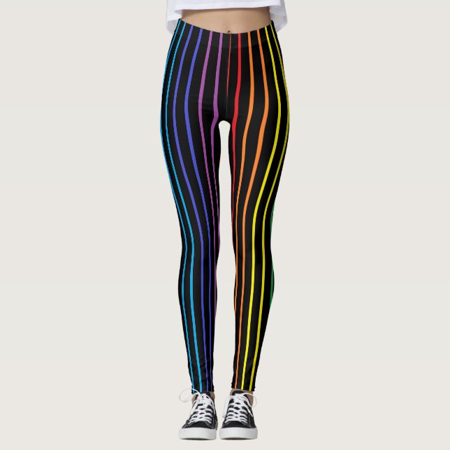 Vertical Outlined Rainbow Stripes Black Leggings (Front)