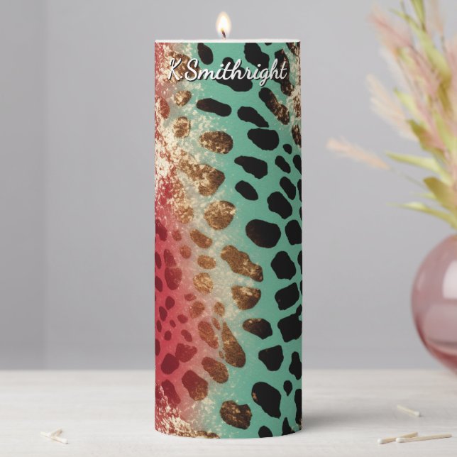 Vertical Panel Animal Print Collage Pillar Candle (In Situ)