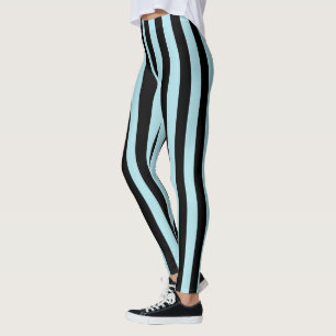 Vertical Pastel Blue and Black Stripes Leggings