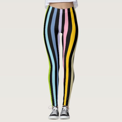 Vertical Pastel Rainbow and Black Stripes Leggings