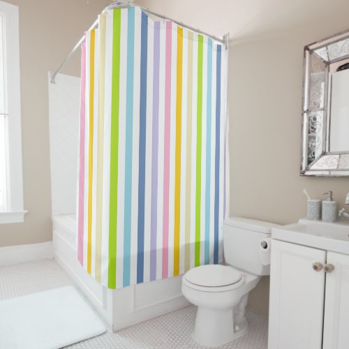 Vertical Pastel Rainbow and White Stripes Shower Curtain