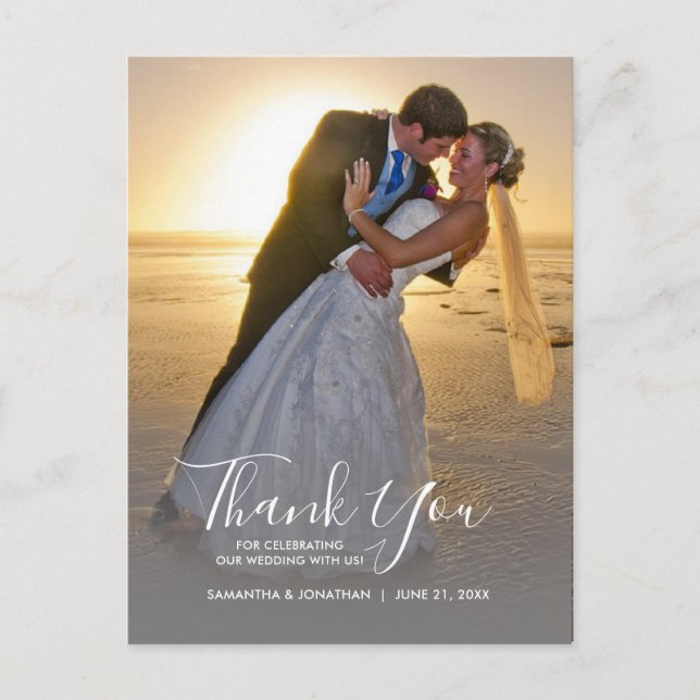 Vertical Photo and Calligraphy Wedding Thank You Postcard (Front)
