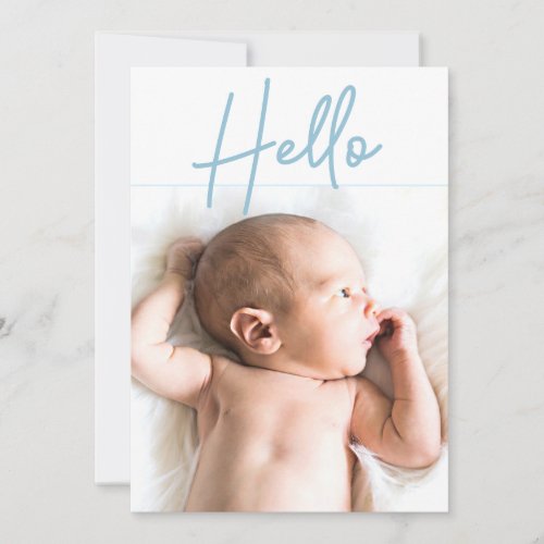 Vertical Photo Blue Hello Script Baby Boy birth Announcement