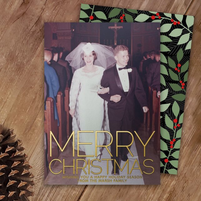 Vertical Photo botanical Merry Christmas - gold Foil Holiday Card (Creator Uploaded)