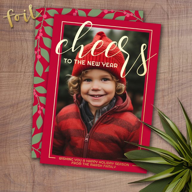 Vertical Photo Cheers to the New Year - Red Border Foil Holiday Card (Photo Christmas Card with Gold Foil Accent - Modern Merry Christmas)