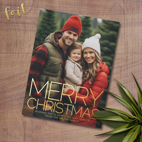 Vertical Photo _ Merry Christmas _ red pink star Foil Holiday Card