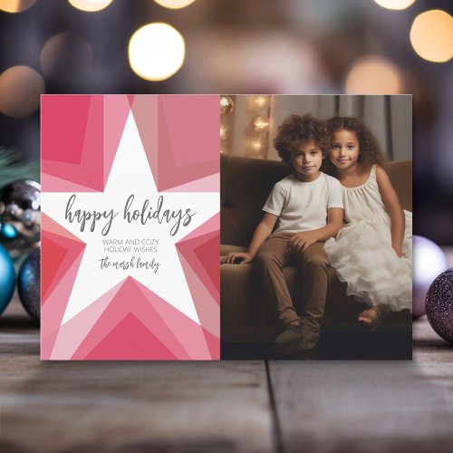 Vertical Photo Modern Star _ Pink Red _ Happy Holiday Card