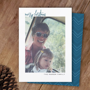Vertical Photo - white border minimal - blue back Holiday Card
