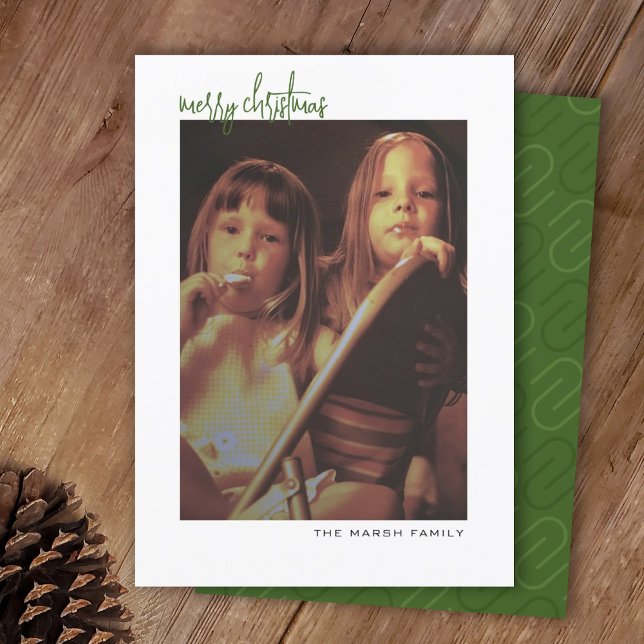 Vertical Photo - white border minimal - green back Holiday Card (Modern, minimal Christmas Photo Card with a retro vibe)