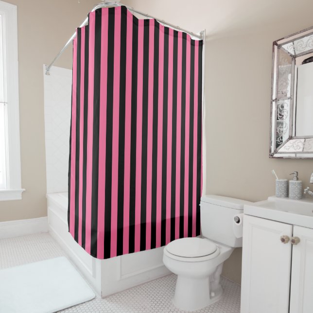 Vertical Pink and Black Stripes Shower Curtain (In Situ)